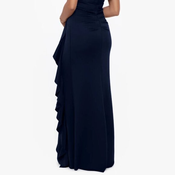 Xscape Navy Blue Ava Off the Shoulder Side Ruffle Evening Gown - Picture 5 of 5